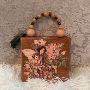 Cigar box handbag , winged fairy design , beaded handle, smoke free home